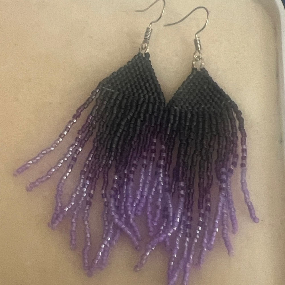 Grey to Purple Ombre Beaded Fringe Earrings